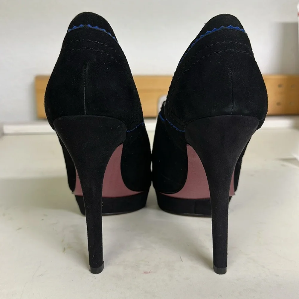 Paris Hilton Royal Black Blue Suede Peep Toe Lace Up 5 Inch Stilettos Heels 8M